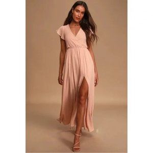 Lulus Lost in the Moment Short Sleeve V-Neck Slit Maxi Dress Blush Pink